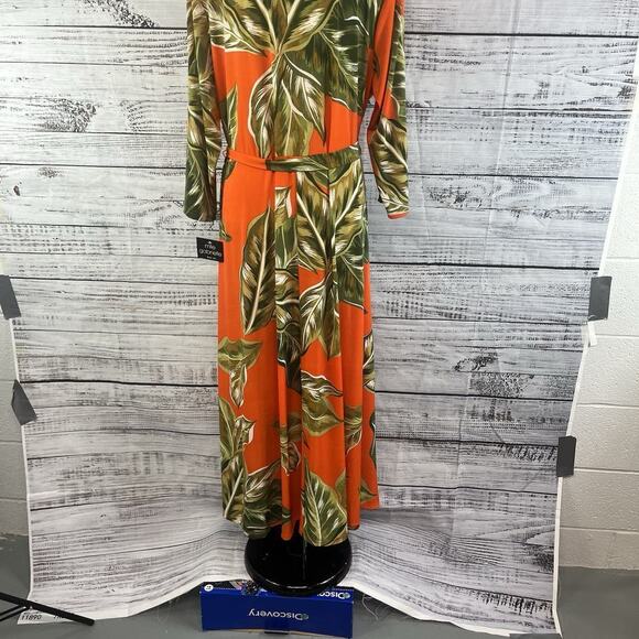 Mlle Gabrielle Dress Plus sz 3X Orange Tropical Slinky Midi Modest Wedding Beach - Picture 15 of 16